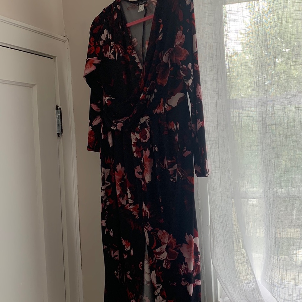 Large black floral midi dress.